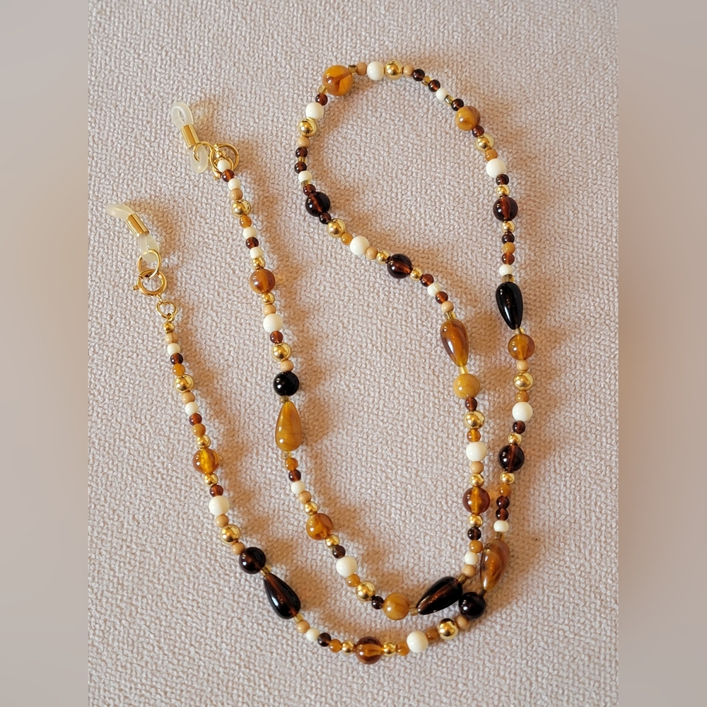Beaded Necklace & Eyeglass Holder – Multi-Tone Browns & Gold